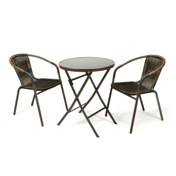 VCM 3-tlg. Bistroset Balkonset Tisch Stuhl braun Sitzgarnitur Glastisch Bistrostuhl Poly-Rattan Dunkelbraun