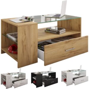 VCM Holz Couchtisch Sofatisch Wohnzimmertisch Beistelltisch Schublade Glas Tindala