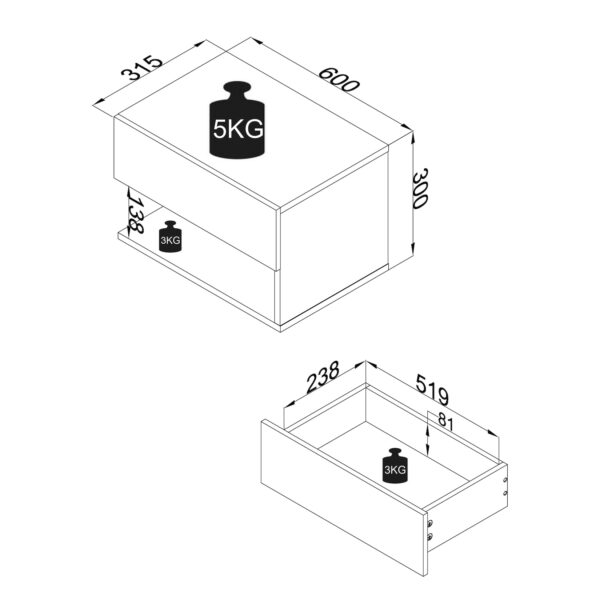 VCM Holz Wandschublade Nachtschrank Wandboard Schublade Konsole Nachttisch Usal XL 60 cm