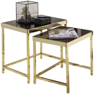 FineBuy Satztisch schwarz/Gold Beistelltisch Metall/Glas Couchtisch 2er Set