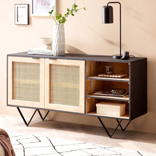 Sideboard FineBuy Anrichte 145x75x40 cm Massivholz Rattan Kommodenschrank