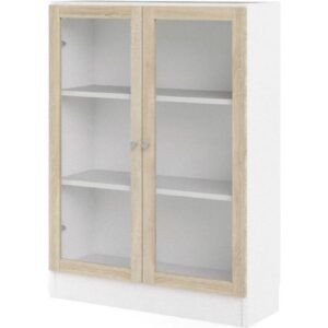 Glas Schrank Regal Ablagen weiß Eiche Glas Holz Standregal Vitrine Bücherregal