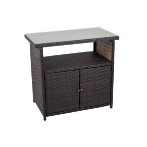 Sideboard m. Glasplatte Rattan Optik Garten Schrank Kommode Stehtisch Tisch