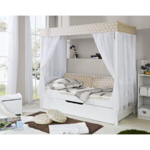 TiCAA Himmelbett "Beige" 310 Kiefer Weiß (Beige/Weiß Stern)