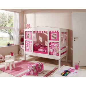 TiCAA Hausbett Mini mit Bettkasten "Horse Pink" Kiefer Weiß