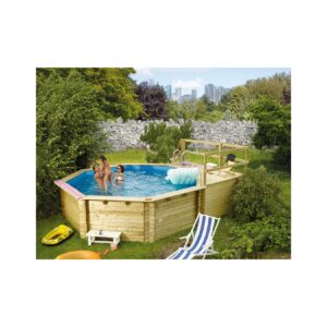 Karibu   Achteck Massivholz Pool 428 x 428 x 124 cm Modell 2C   SET inkl. Sonnenterrasse 96 x 199 cm