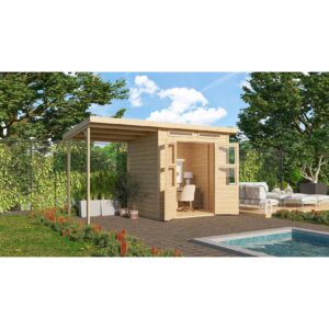 Karibu Gartenhaus "Kano 3" SET naturbelassenes Holz   mit Anbaudach + Dachbahn