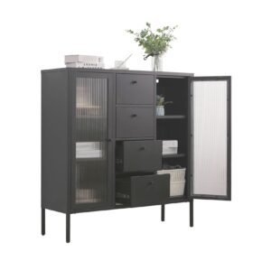 Mein-Regal Highboard Paris 105x35x110cm Metall 4 Schubladen Glastüren schwarz