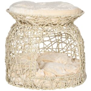 PawHut Rattan Katzenkorb mit Kissen beige 42L x 42B x 40H cm