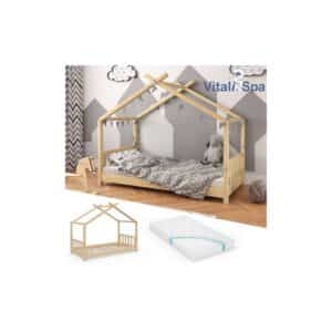 VITALISPA Kinderbett Hausbett DESIGN 80x160cm Natur Zaun Kinder Holz Haus Hausbett mit Matratze