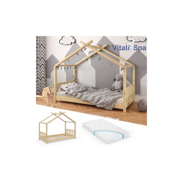 VITALISPA Kinderbett Hausbett DESIGN 80x160cm Natur Zaun Kinder Holz Haus Hausbett mit Matratze