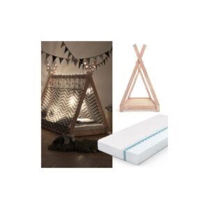 VITALISPA Kinderbett TIPI Indianer Bett Kinderhaus Holz Hausbett 90x200cm Natur + Matratze