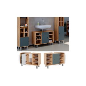 Vicco Waschtischunterschrank Badschrank Waschbecken Fynn Eiche Grün Badmöbel 80cm