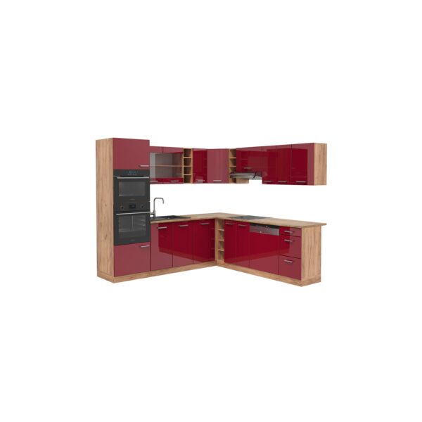 Vicco Küchenzeile Küchenblock Einbauküche R-Line 240 cm Eiche Bordeaux Hochglanz