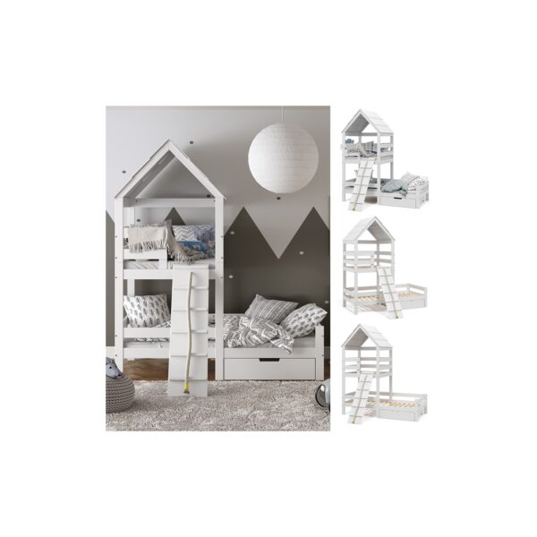 VitaliSpa Spielturmbett Kinderbett Spielbett Teddy Weiß modern 208x235 cm Massivholz Kinderzimmer Lattenrost Bett Schublade Abenteuerbett Kletterbett