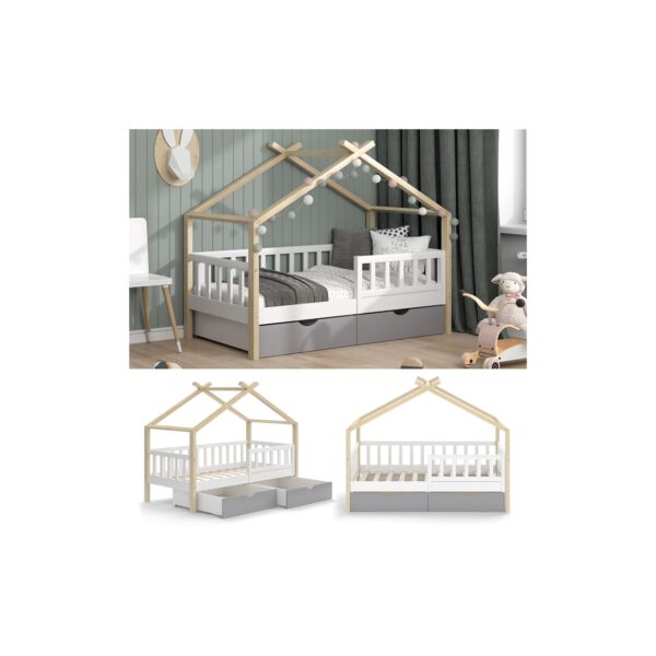 VitaliSpa Kinderbett Hausbett Einzelbett Design Weiß Grau Natur modern 80x160 cm Kinderzimmer Bett Massivholz Lattenrost Schublade Rausfallschutz Schubladenbett