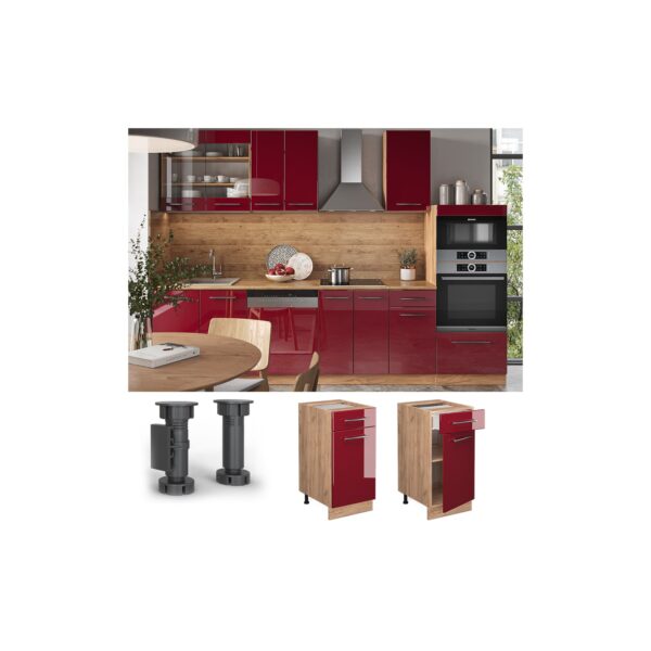 Vicco Schubunterschrank Küchenschrank Küchenmöbel Fame-Line Eiche Rot Bordeaux modern 40 cm Küche Einbauküche Drehtür Schublade Einlegeboden Blende Küchenzeile Hochglanz