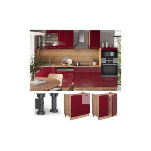 Vicco Spülenunterschrank Küchenschrank Küchenmöbel Fame-Line Eiche Rot Bordeaux modern 80 cm Küche Einbauküche Drehtür Siphonausschnitt Blende Küchenzeile Hochglanz