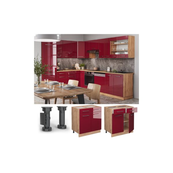 Vicco Schubunterschrank Küchenschrank Küchenmöbel Fame-Line Eiche Rot Bordeaux modern 80 cm Küche Einbauküche Drehtür Schublade Einlegeboden Blende Küchenzeile Hochglanz