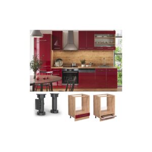 Vicco Herdumbauschrank Küchenschrank Küchenmöbel Fame-Line Eiche Rot Bordeaux modern 60 cm Küche Einbauküche Blende Herdschrank Küchenzeile Hochglanz