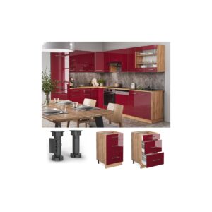 Vicco Schubunterschrank Küchenschrank Küchenmöbel Fame-Line Eiche Rot Bordeaux modern 50 cm Küche Einbauküche Drehtür Blende Küchenzeile Hochglanz