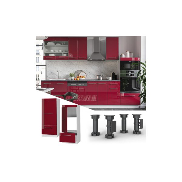 Vicco Mikrowellenumbauschrank Küchenschrank Küchenmöbel Fame-Line Weiß Bordeaux Rot 60 cm modern Hochglanz Küche Einbauküche Blende Hochschrank Schublade Mikrowelle Backofen Küchenzeile