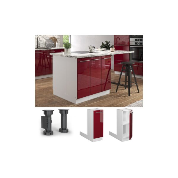 Vicco Regalinselunterschrank Küchenschrank Küchenmöbel Fame-Line Weiß Bordeaux Rot 30 cm modern Hochglanz Küche Einbauküche Kücheninsel Drehtür Einlegeboden Blende Küchenunterschrank Küchenzeile