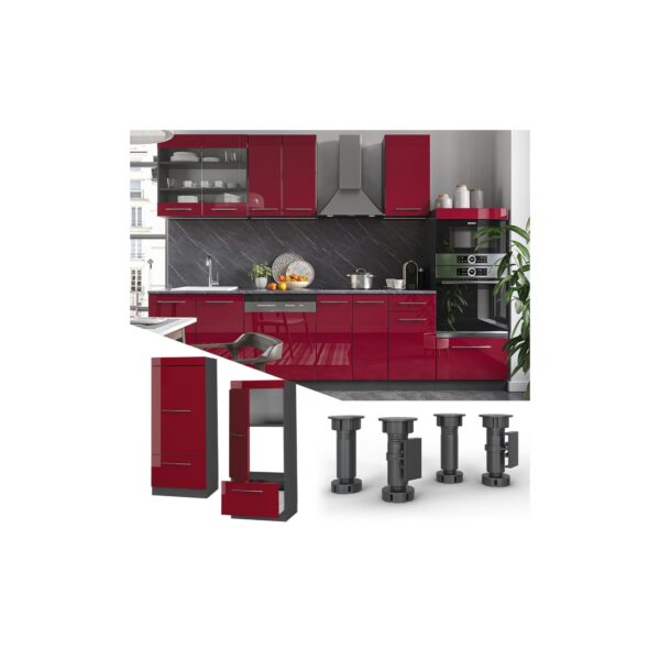 Vicco Mikrowellenumbauschrank Küchenschrank Küchenmöbel Fame-Line Anthrazit Bordeaux Rot 60 cm modern Hochglanz Küche Einbauküche Blende Hochschrank Schublade Mikrowelle Backofen Küchenzeile