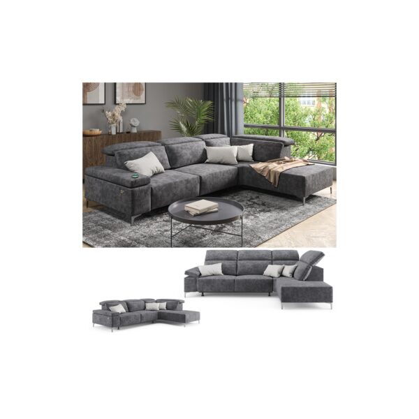 VitaliSpa Ecksofa Loungesofa Boxspringsofa James Anthrazit Relaxfunktion 301x86 cm modern Wohnzimmer Sofa Wohnzimmercouch Loungeecke Polstereckcouch Taschenfederkern USB-Anschluss Fußteil ausfahrbar