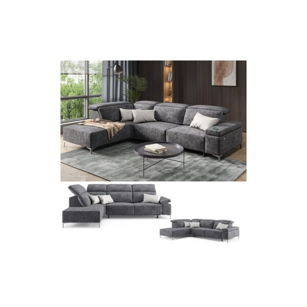 VitaliSpa Ecksofa Loungesofa Boxspringsofa James Anthrazit Relaxfunktion 218x86 cm modern Wohnzimmer Sofa Wohnzimmercouch Loungeecke Polstereckcouch Taschenfederkern USB-Anschluss Fußteil ausfahrbar