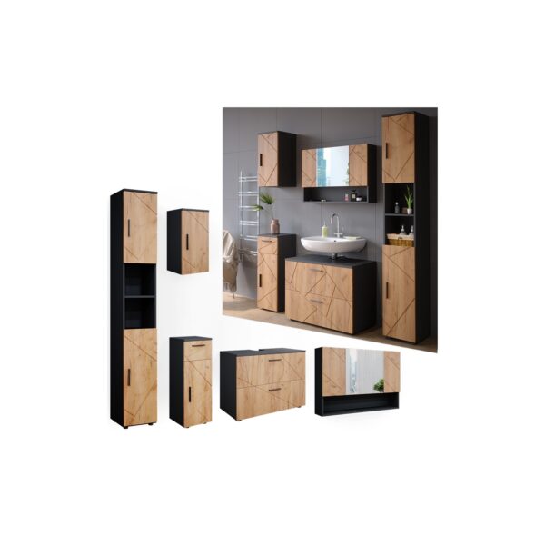 Vicco Badmöbelset Irma Anthrazit Eiche modern 80 cm 30 cm Badezimmerschrank Badschrank Badezimmermöbel Waschtischunterschrank Spiegelschrank Hochschrank Midischrank Hängeschrank Tür Schublade