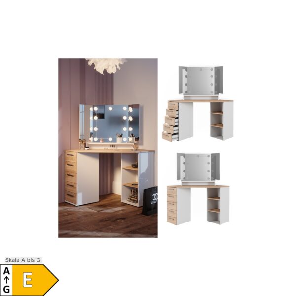 Vicco Eckschminktisch Frisiertisch Frisierkommode Sofia Weiß Sonoma Spiegel LED 128x142 cm modern Ablage