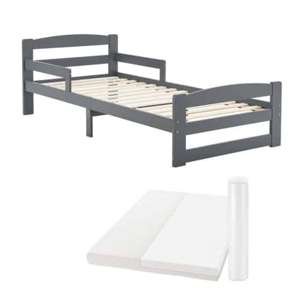 Juskys Jugendbett Arona 90x200 cm aus Massivholz mit Matratze H3 und Rausfallschutz in Grau