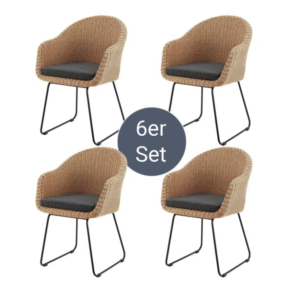 Juskys Rattan Korbsessel Cody 6er Set mit Kissen - Indoor & Outdoor Rattanstühle - Korbstühle Natur