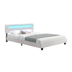 Juskys Polsterbett Paris 160x200 cm – Bett mit LED Beleuchtung & Lattenrost – Doppelbett weiß