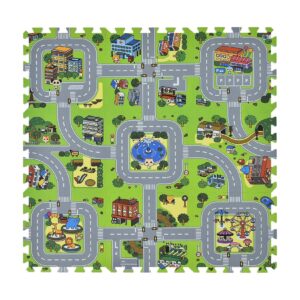 Juskys Kinder Puzzlematte Jascha 9 Teile - Stadt & Straßen – rutschfest – Spielmatte ab 10 Monate