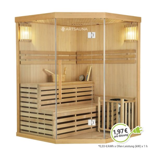 Artsauna Saunakabine Espoo150 Premium mit Harvia Ofen – 3 Personen – Hemlock Holz & Glasfront