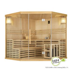 Artsauna Saunakabine Espoo200 Premium  mit Harvia Ofen – 5 Personen – Hemlock Holz & Glasfront