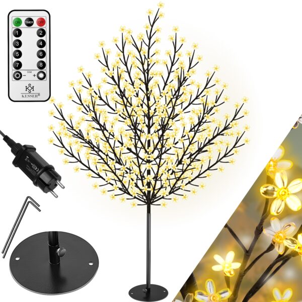 KESSER® Kirschblütenbaum mit Fernbedienung   Lichterbaum Indoor Outdoor Metallfuß Stabil   Weihnachten Beleuchtung Leuchtbaum  Warmweiß