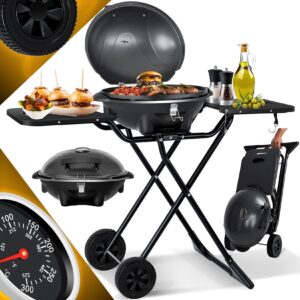 KESSER® elektrischer Elektrogrill 2in1 Tischgrill - Standgrill mit Deckel und Standfuß   max. 2400 Watt   Faltbar   Thermometer   Antihaftbeschichtung   Grillplatte Abstelltische   2 Räder