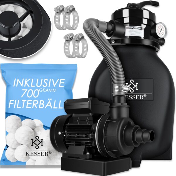 KESSER® Sandfilter Sandfilteranlage + 700g Filterbälle ersetzen 25kg Filtersand- Poolfilter 10 m³/h Filteranlage Filterkessel für Pool Schwimmbecken 4-Wege Ventil