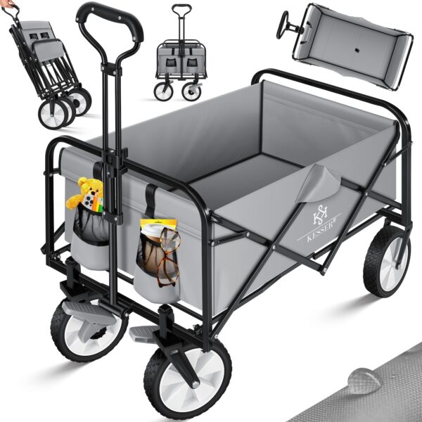 KESSER® Bollerwagen faltbar Handwagen Transportkarre Gerätewagen   inkl. 2 Netztaschen & Cover   klappbar   PVC-Reifen   bis 80 kg Tragkraft transportwagen Gartenanhänger ohne Dach