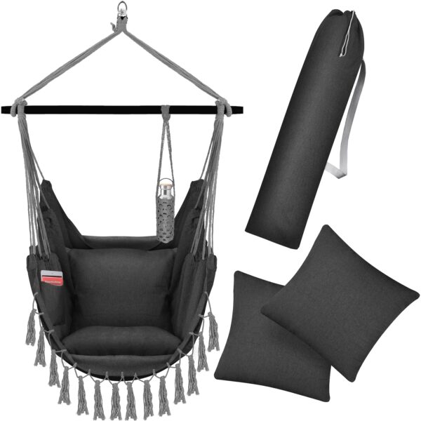 KESSER® Hängesessel mit 2 Kissen Getränkehalter & Bücherfach - Safari XXL Hängestuhl für Erwachsene & Kinder Hängematte bis 150 kg Hängesitz Aufhängung Indoor & Outdoor Wohn & Garten Terrasse