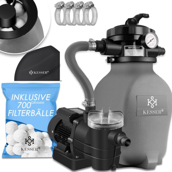 KESSER® Sandfilteranlage Sandfilter + 700g Filterbälle ersetzen 25kg Filtersand 7-Wege Ventil mit Druckanzeige Poolfilter 10 m³/h Filteranlage Filterkessel für Pool Schwimmbecken 10.200 L/h