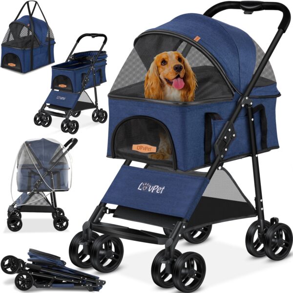 LOVPET® Hundewagen 2in1 Hundebuggy Hundebox Transporttasche Faltbar klappbar bis 20 kg Haustiere Buggy mit Netzfenstern & Regenschutzabdeckung Jogger Katzenbuggy für kleine Hunde Katzen