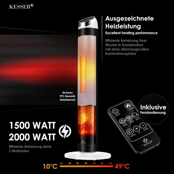 KESSER® Turmheizstrahler 2000W Heizstrahler Standheizstrahler Keramik mit Fernbedienung Timer Kamineffekt