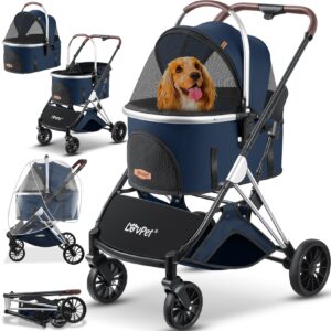 LOVPET® Hundewagen 3in1 Hundebuggy Hundebox Transporttasche 360° Große Räder Faltbar klappbar Haustiere Buggy mit Netzfenstern & Regenschutzabdeckung Jogger Katzenbuggy für kleine Hunde Katzen