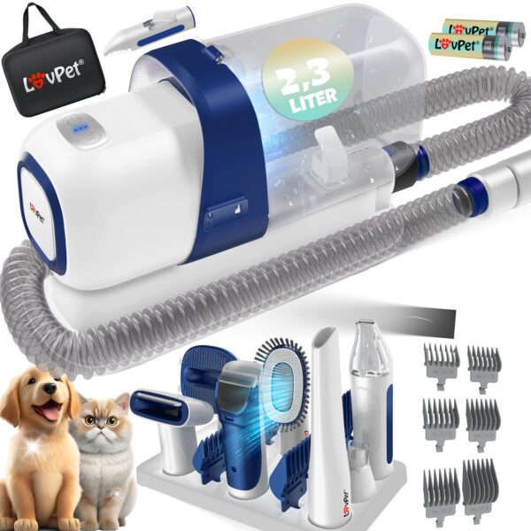 Lovpet® Hundeschermaschine mit Staubsauger   Leise Schermaschine mit AKKU   Haustierpflegeset mit Zubehör für Hund & Katze   Tierhaarschneidemaschine 7in1 2.3L Staubbehälter sowie 7 Pflegewerkzeuge