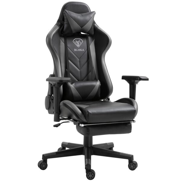 Gaming Stuhl mit Fußstütze und ergonomsichen 4D-Armlehnen gaming chair in ergonomischer Sportsitz Optik Gamer Stuhl mit verstellbaren Rückenstützkissen Bürostuhl