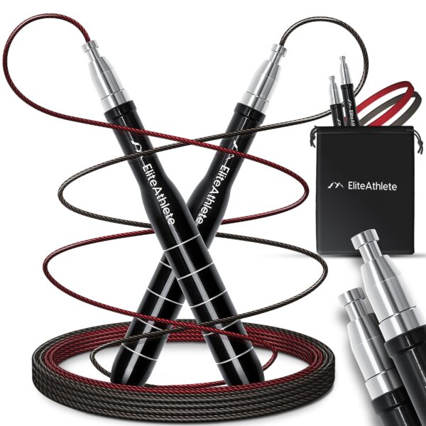 EliteAthlete® Springseil Erwachsene - Speed Rope mit Ersatzseil - Profi Kugellager - Skipping Rope - Jump Rope - Fitness Crossfit Boxen - Sprungseil Erwachsener inkl. Seilschoner + Tasche - Silber